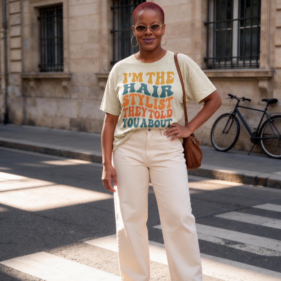 A woman stands on a city crosswalk wearing a cream graphic T-shirt with colorful text that reads 'I'M THE HAIR STYLIST THEY TOLD YOU ABOUT' and matching cream wide-leg pants. She has a brown shoulder bag and is photographed outdoors in front of a stone building with windows and a bicycle.